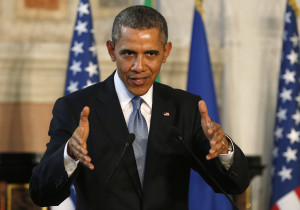 U.S. President Barack Obama speaks during a news conference with Italian Prime Minister Matteo Renzi following their meeting at Villa Madama in Rome March 27, 2014. Obama met with Pope Francis at the Vatican earlier in the day. REUTERS/Kevin Lamarque (ITALY - Tags: POLITICS) - RTR3IUZG