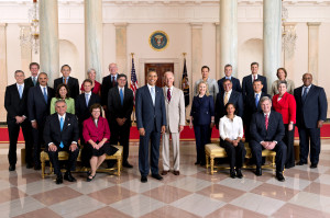 President Barack Obama and Vice President Joe Biden pose with the full Cabinet for an official group photo in the Grand Foyer of the White House, July 26, 2012. Seated, from left, are: Transportation Secretary Ray LaHood, Acting Commerce Secretary Rebecca Blank, U.S. Permanent Representative to the United Nations Susan Rice, and Agriculture Secretary Tom Vilsack. Standing in the second row, from left, are: Education Secretary Arne Duncan, Attorney General Eric H. Holder, Jr., Labor Secretary Hilda L. Solis, Treasury Secretary Timothy F. Geithner, Chief of Staff Jack Lew, Secretary of State Hillary Rodham Clinton, Defense Secretary Leon Panetta, Veterans Affairs Secretary Eric K. Shinseki, Homeland Security Secretary Janet Napolitano, and U.S. Trade Representative Ron Kirk. Standing in the third row, from left, are: Housing and Urban Development Secretary Shaun Donovan, Energy Secretary Steven Chu, Health and Human Services Secretary Kathleen Sebelius, Interior Secretary Ken Salazar, Environmental Protection Agency Administrator Lisa P. Jackson, Office of Management and Budget Acting Director Jeffrey D. Zients, Council of Economic Advisers Chair Alan Krueger, and Small Business Administrator Karen G. Mills. (Official White House Photo by Chuck Kennedy) This official White House photograph is being made available only for publication by news organizations and/or for personal use printing by the subject(s) of the photograph. The photograph may not be manipulated in any way and may not be used in commercial or political materials, advertisements, emails, products, promotions that in any way suggests approval or endorsement of the President, the First Family, or the White House.Ê